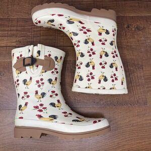 Western Chief - Waterproof Mid-Calf Rain‎ Boots - Roosters & Poppies - Cream - 7